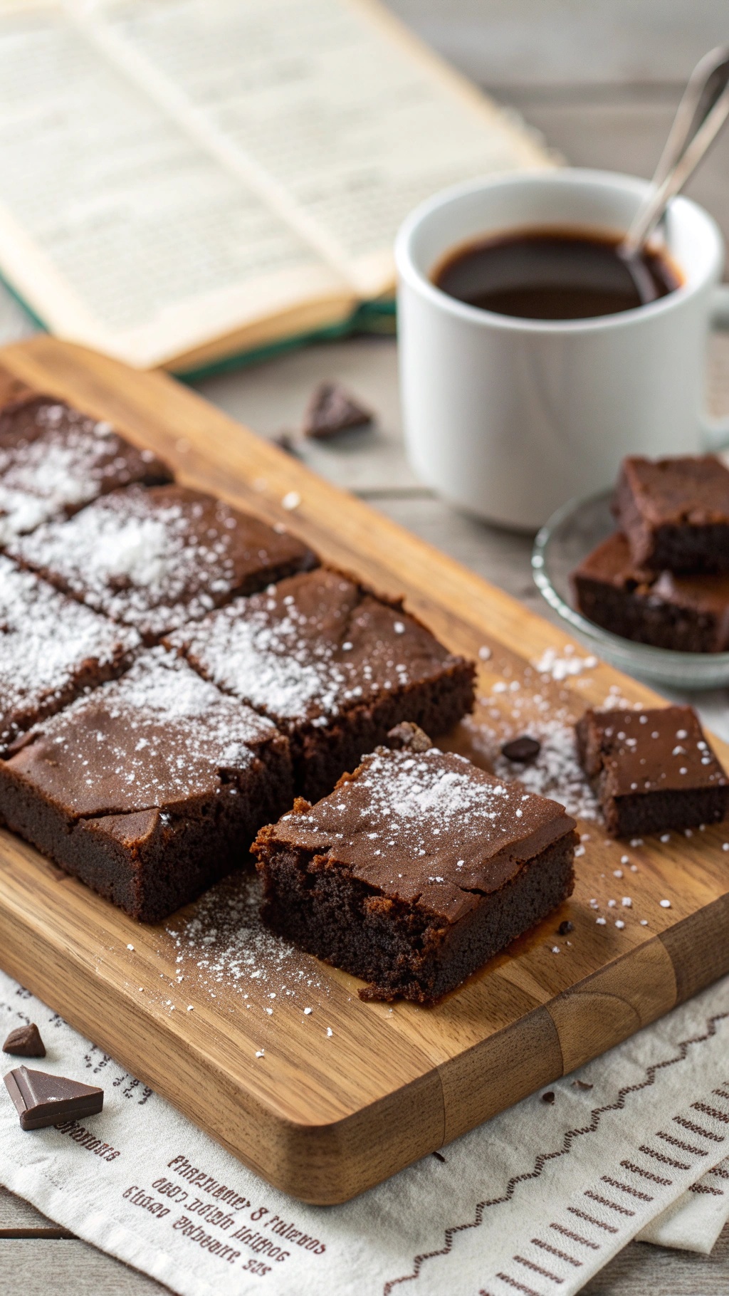 Delicious keto brownies on a wooden board, dusted with powdered sugar, with a cup of coffee in the background.