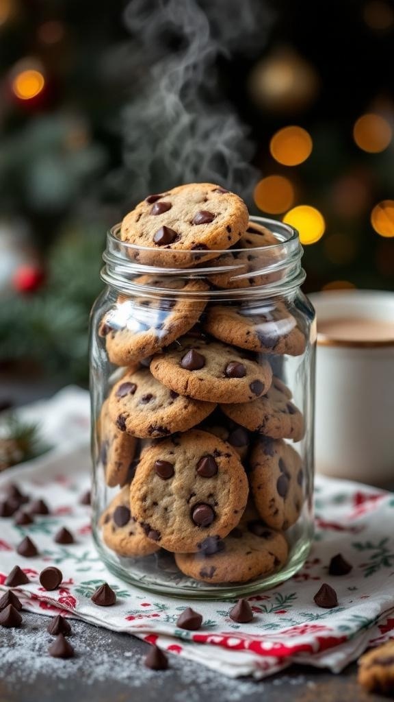 A jar filled with warm chocolate chip cookies, with steam rising, set against a festive background.