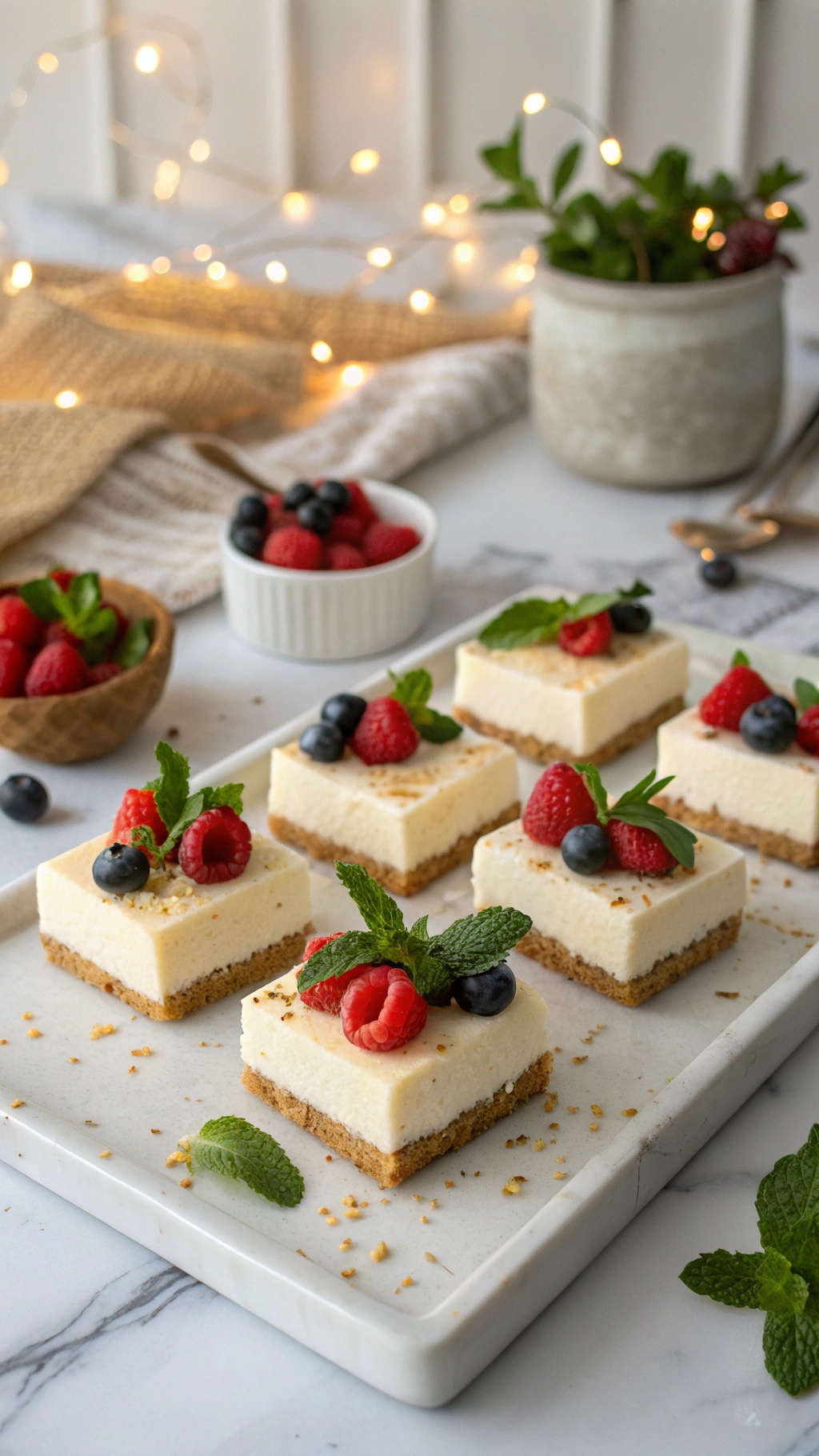 No-bake cheesecake squares topped with fresh berries and mint leaves on a marble surface.