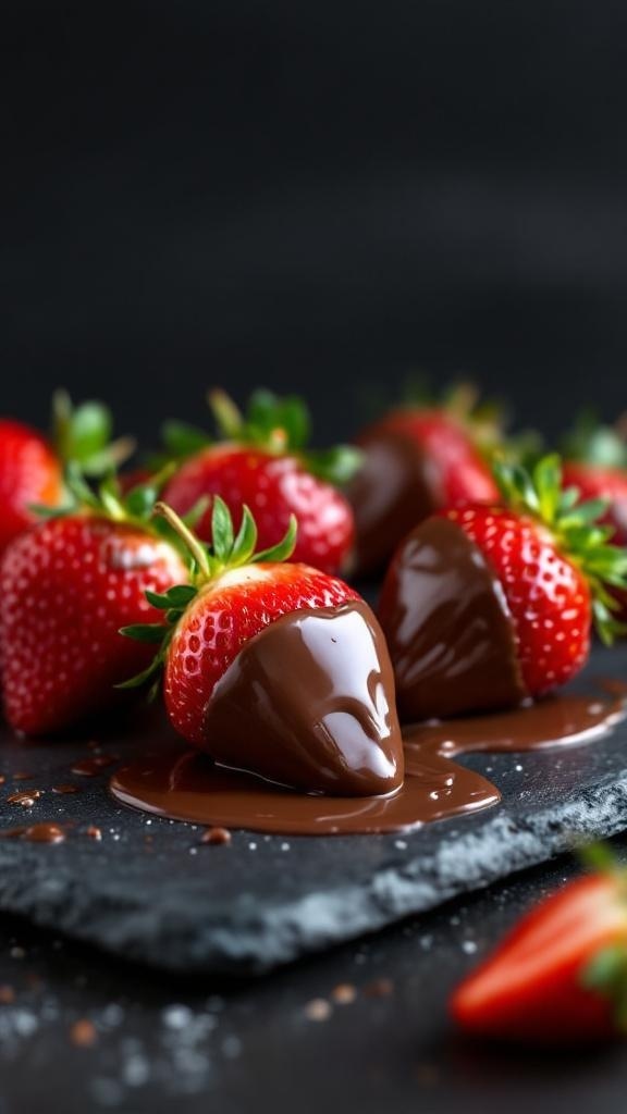 Nutella dipped strawberries on a slate board