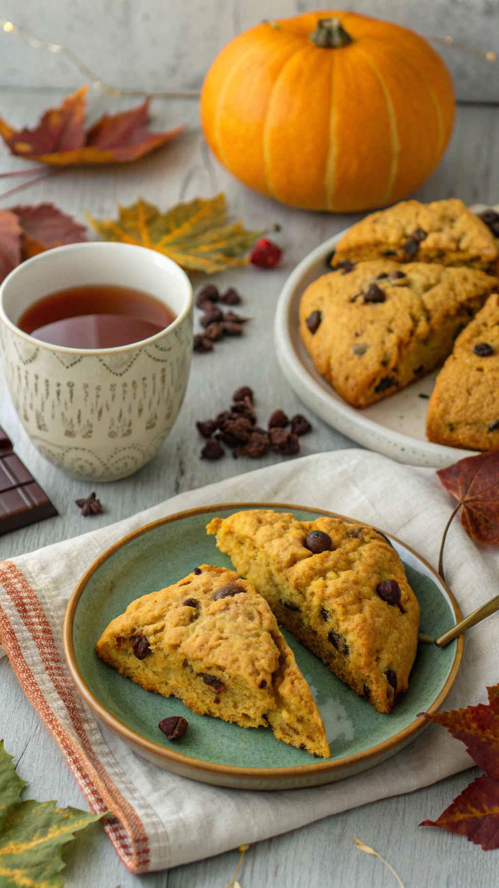 Pumpkin chocolate chip scones on a plate with a cup of tea and a pumpkin in the background