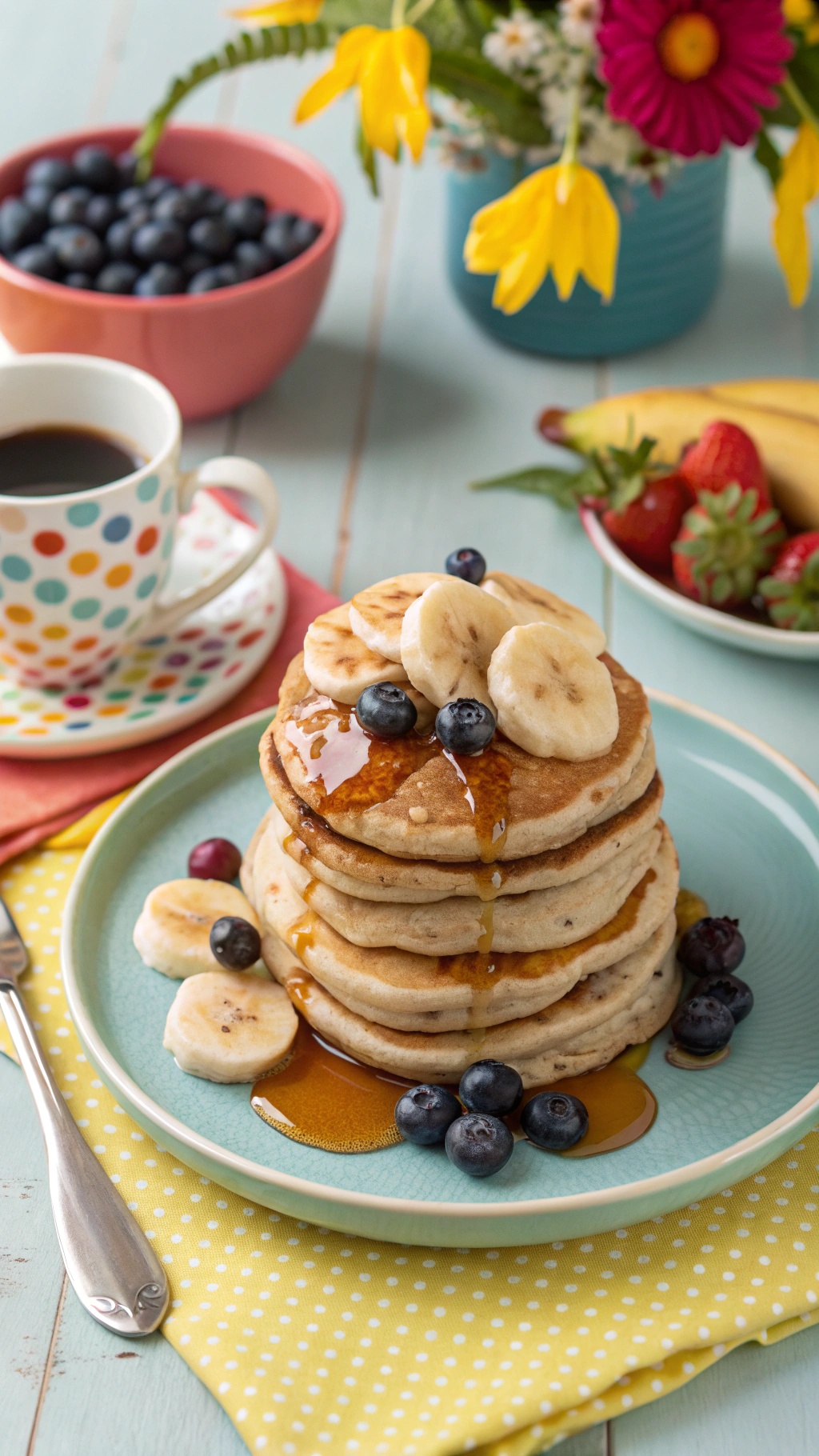 A stack of vegan banana pancakes topped with banana slices and blueberries, served with a cup of coffee and fresh fruit.