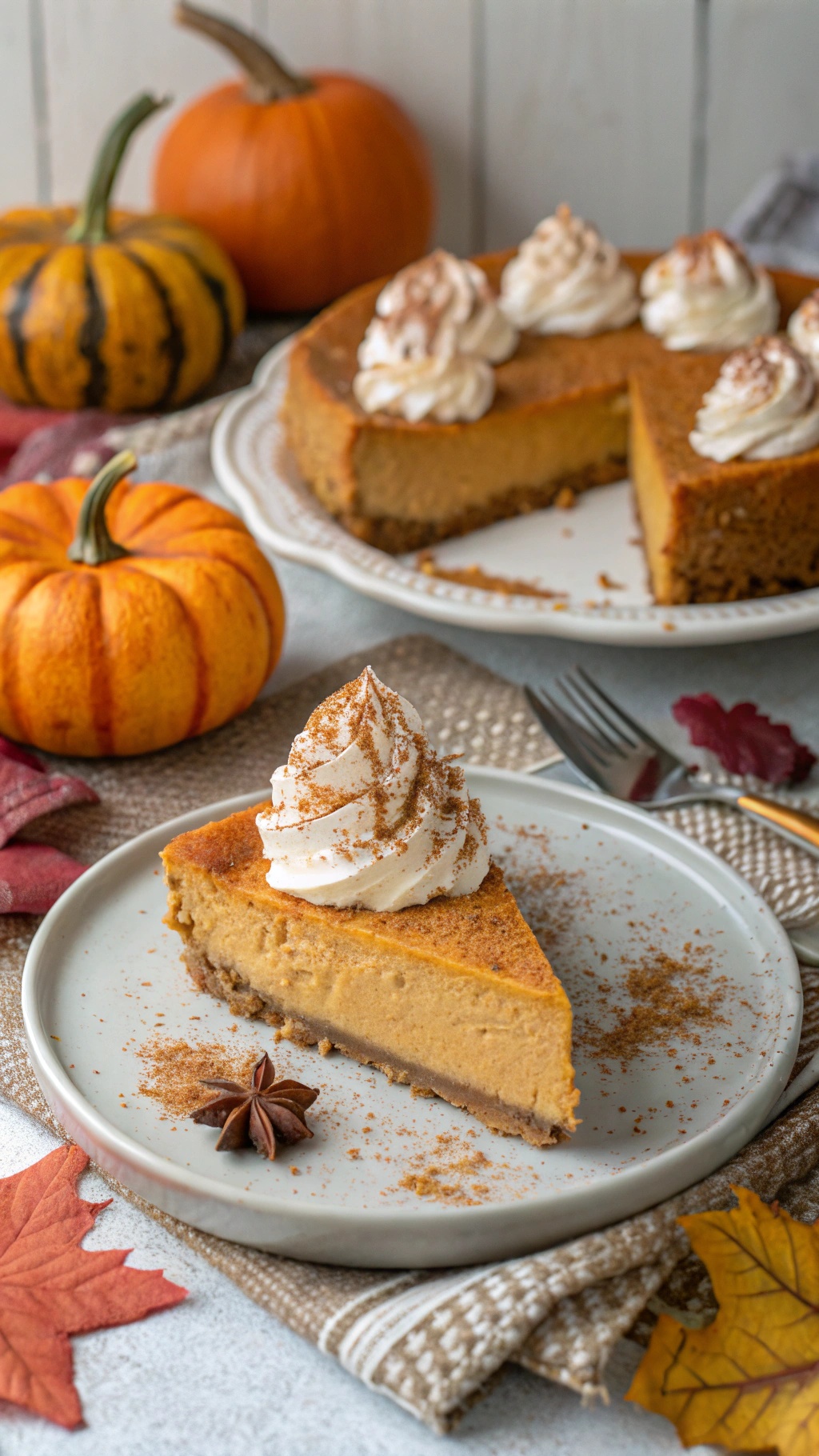 A slice of vegan pumpkin cheesecake topped with whipped cream and cinnamon, with decorative pumpkins in the background.
