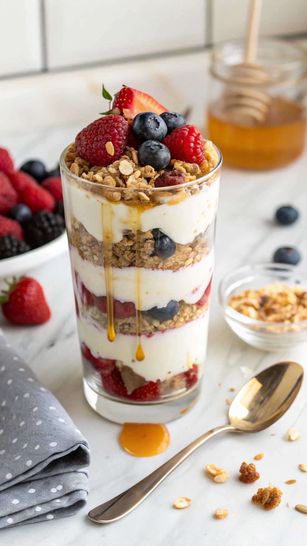 A delicious Greek yogurt parfait with layers of yogurt, berries, and granola in a glass.