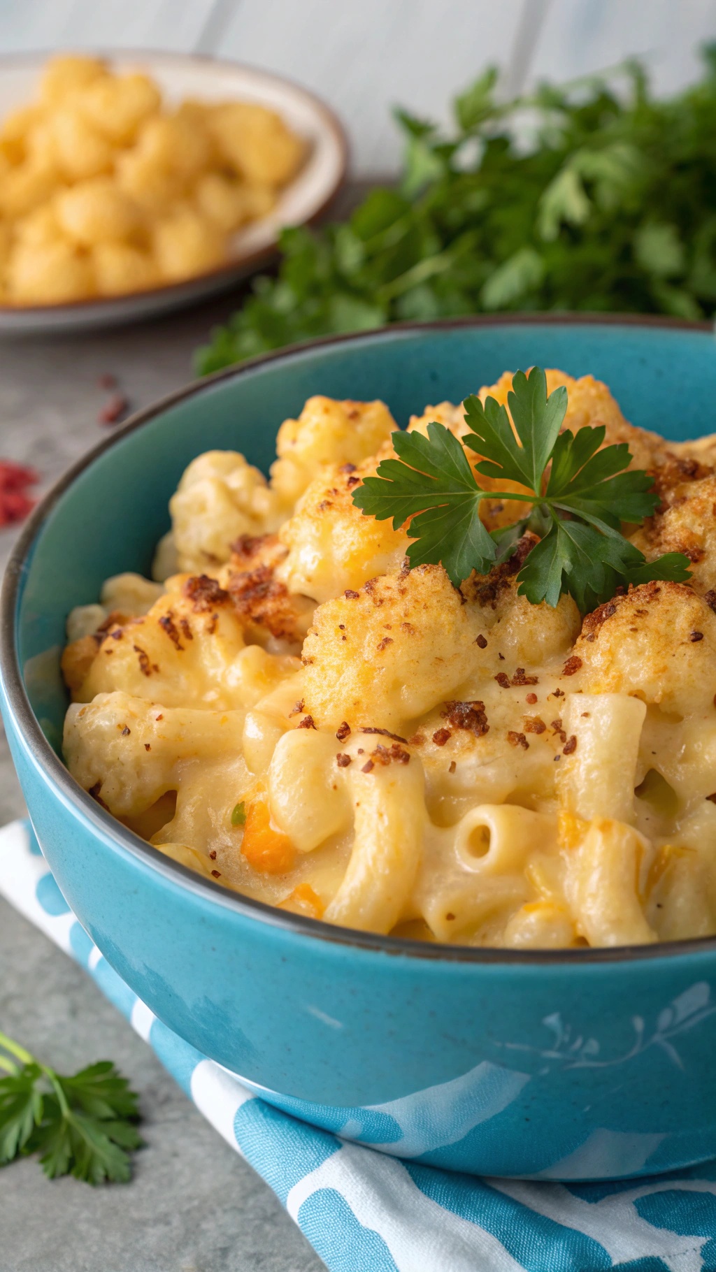 A bowl of creamy cauliflower mac and cheese topped with roasted cauliflower and parsley.