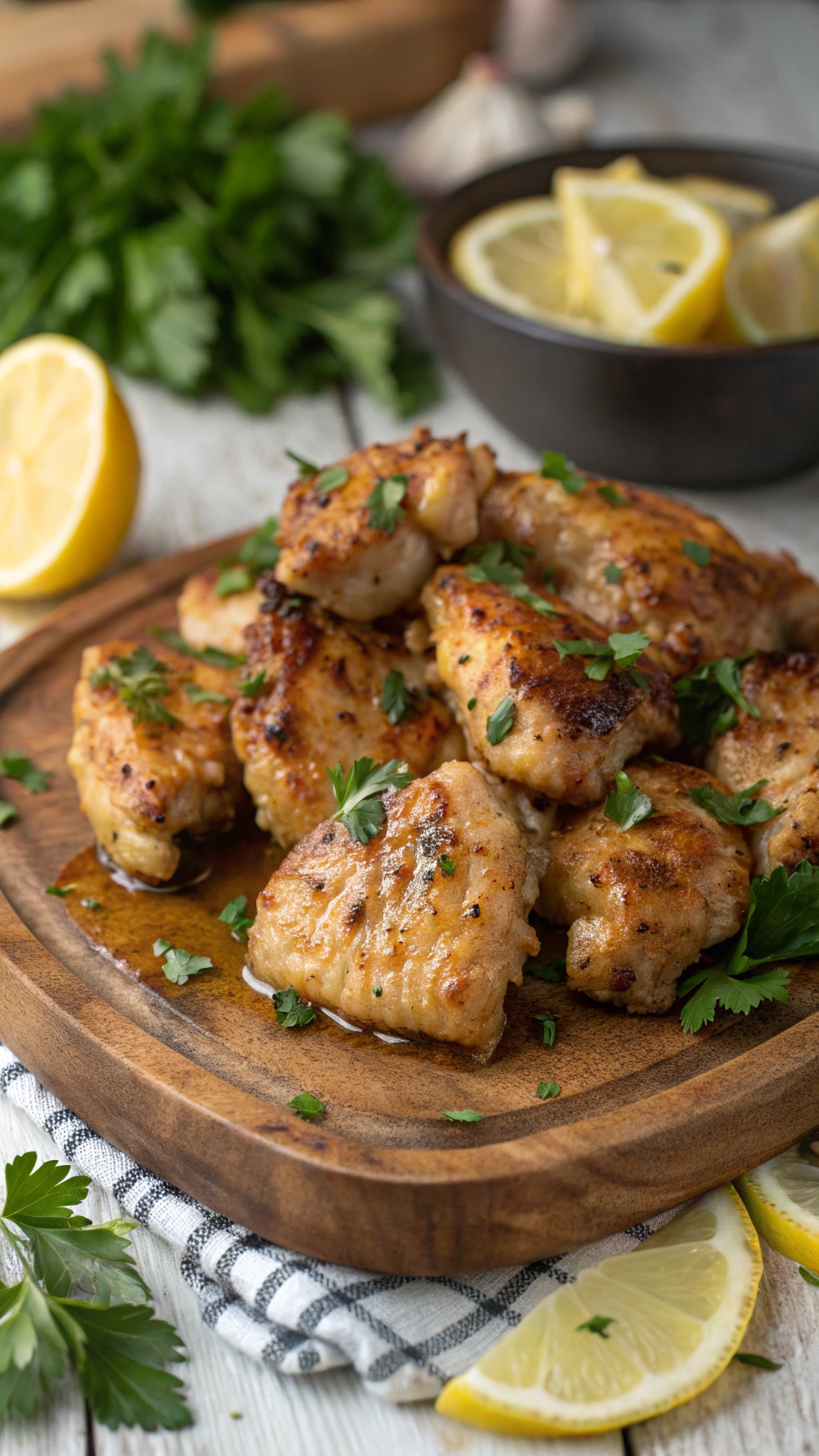 A plate of garlic butter chicken bites garnished with parsley and lemon slices.