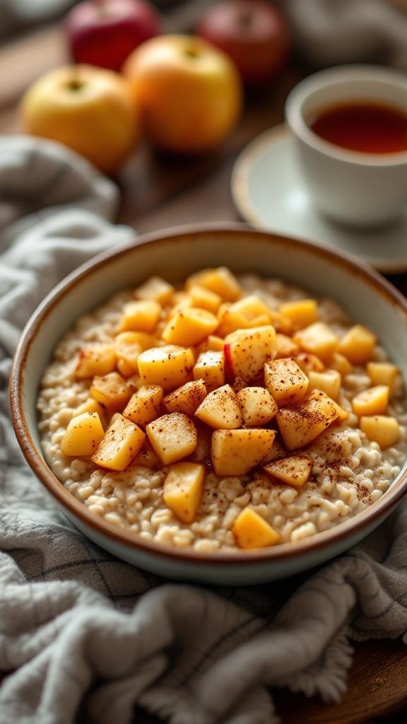 A bowl of oatmeal topped with diced apples and cinnamon, with apples in the background.