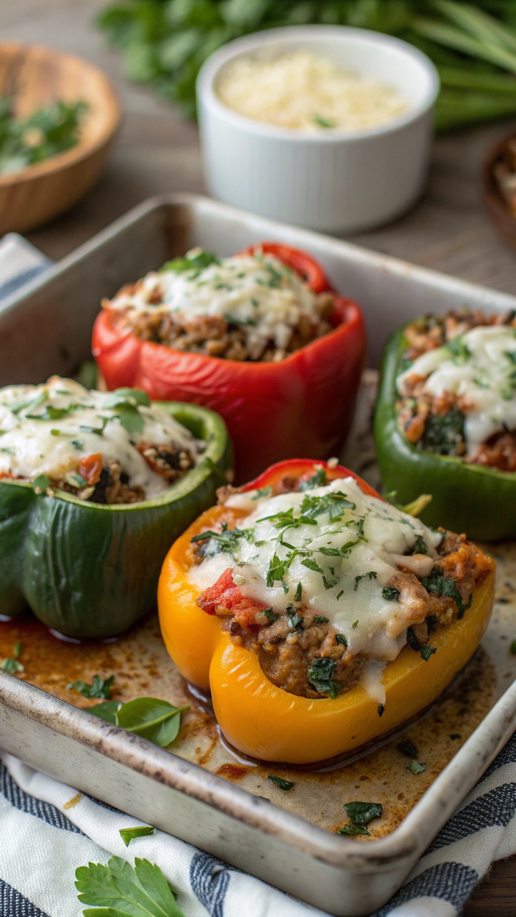 Colorful stuffed peppers filled with turkey and spinach, topped with melted cheese.