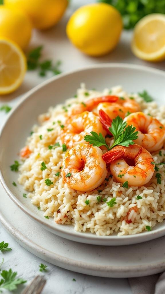 A plate of shrimp served over rice with lemon and parsley garnishes.