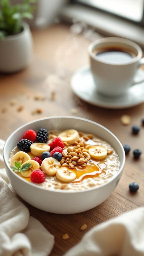 A bowl of oatmeal topped with banana slices, mixed berries, honey, and nuts, with a cup of coffee in the background.