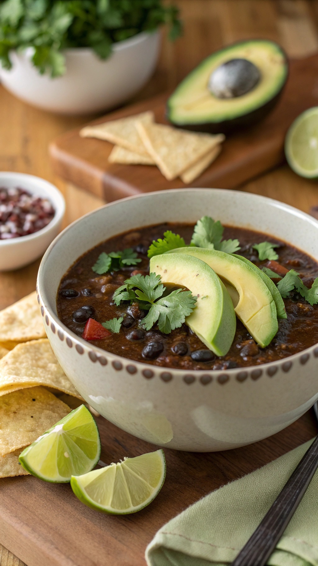 A bowl of black bean soup topped with avocado slices and cilantro, served with tortilla chips and lime wedges.