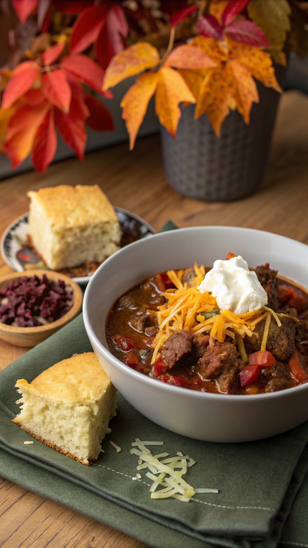 A bowl of chili topped with cheese and sour cream, served with cornbread and garnished with colorful autumn leaves.
