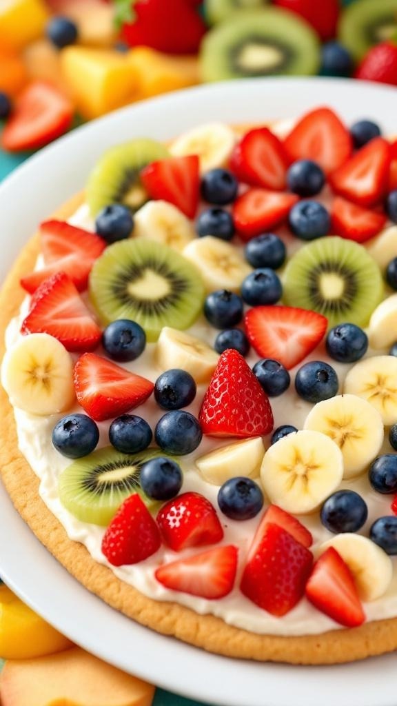 A colorful fruit pizza dessert with a cookie crust, yogurt topping, and assorted fresh fruits on a white plate.