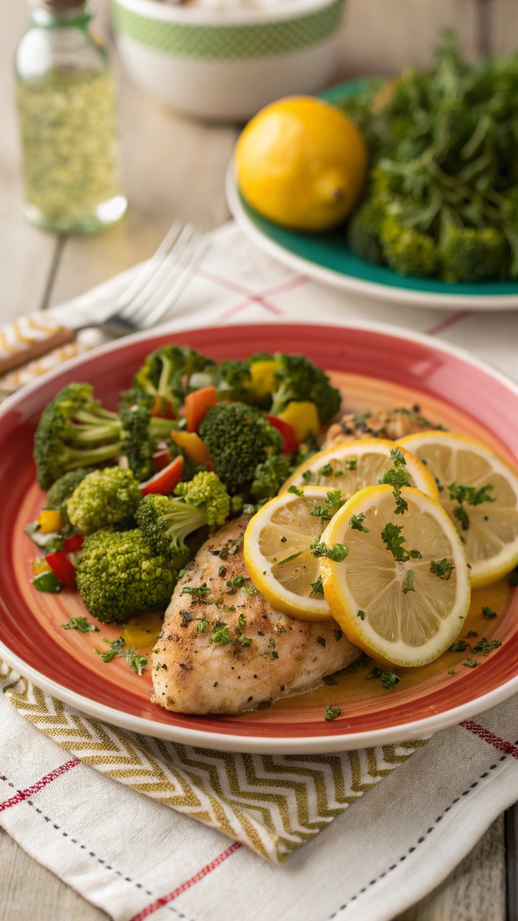 A plate of lemon garlic chicken with broccoli and colorful bell peppers, garnished with lemon slices.