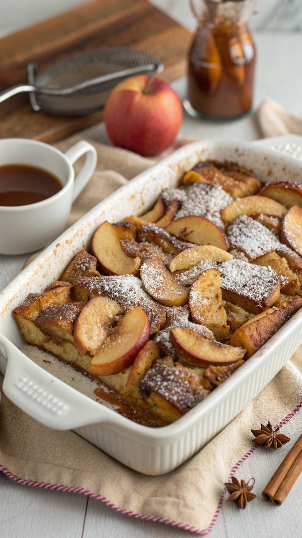 A delicious apple cinnamon French toast casserole topped with apple slices and powdered sugar, served with a cup of coffee.
