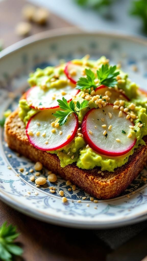 A plate of avocado toast topped with radish slices and sesame seeds.