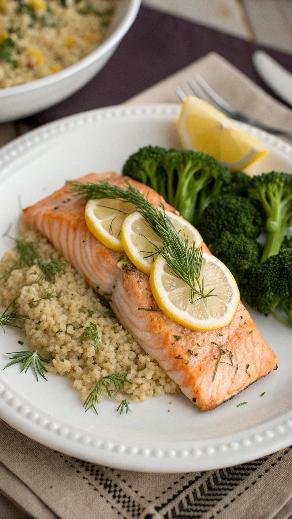 Baked salmon fillet with dill and lemon slices, served with couscous and broccoli.