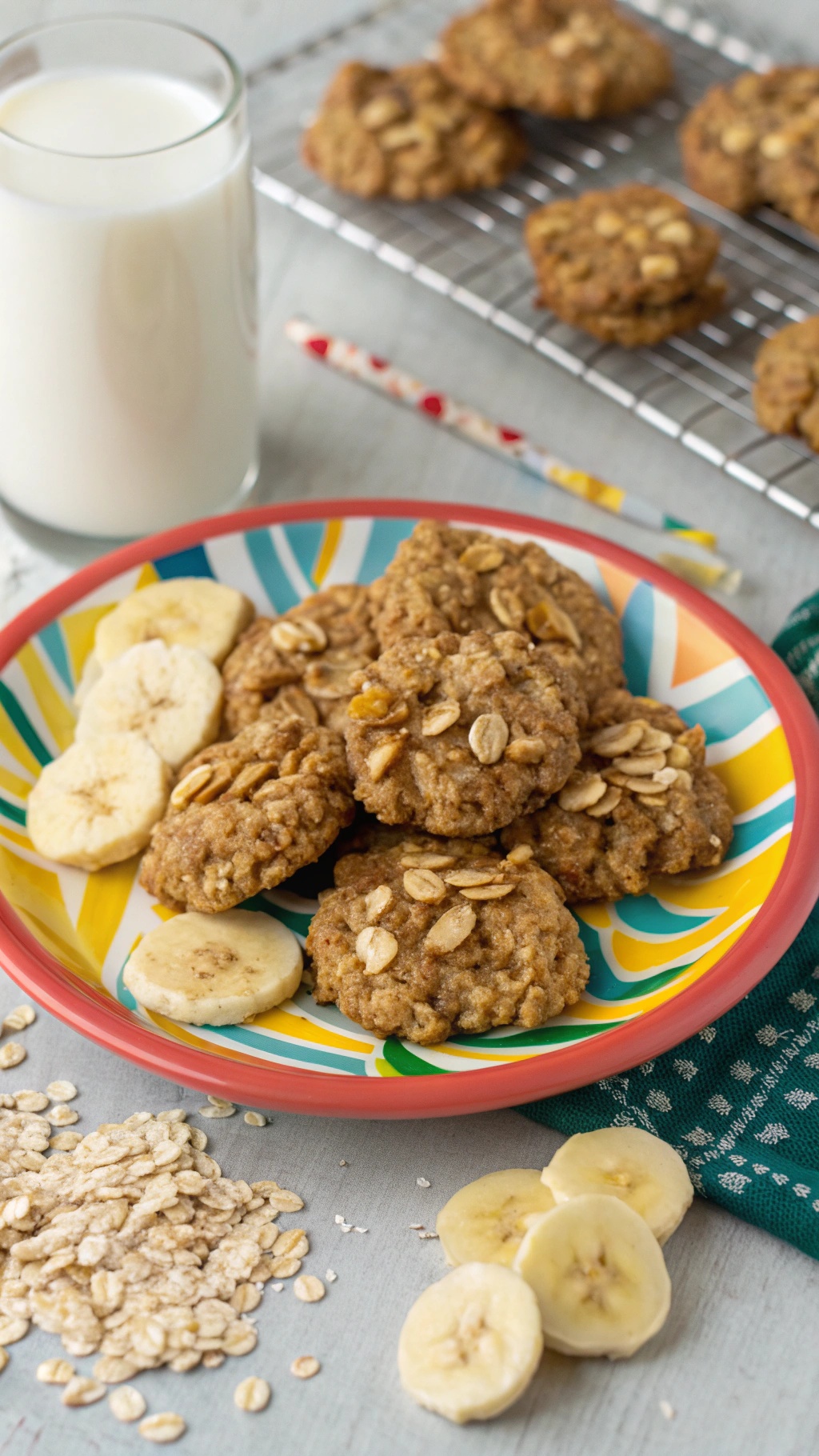 A colorful plate with banana oatmeal cookies and banana slices, with a glass of milk in the background.