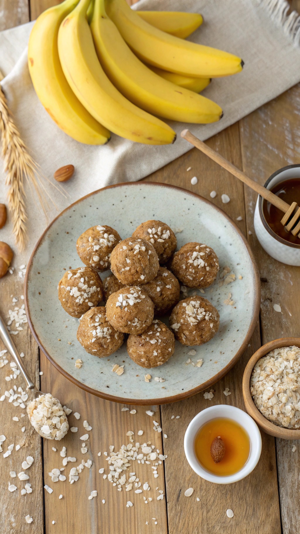 A plate of banana oatmeal energy bites with fresh bananas and oats in the background.