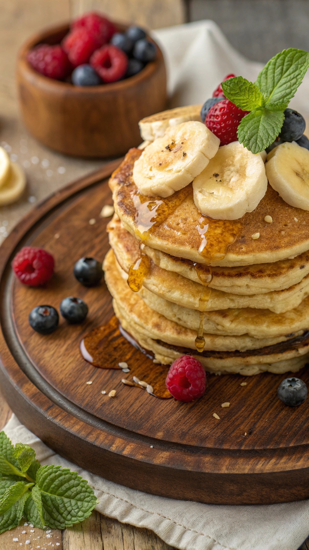A stack of banana oatmeal protein pancakes topped with banana slices, raspberries, blueberries, and maple syrup on a wooden plate.
