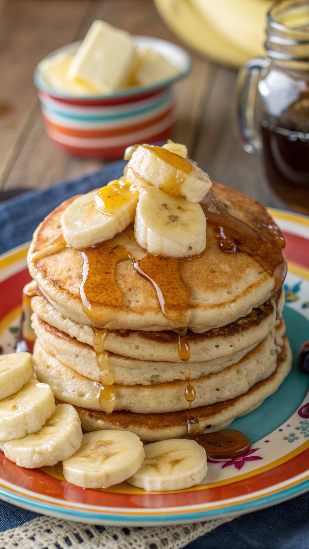 A stack of banana pancakes topped with banana slices and syrup on a colorful plate.