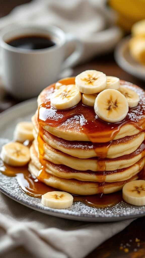 A stack of fluffy banana pancakes topped with banana slices and syrup, served with a cup of coffee.