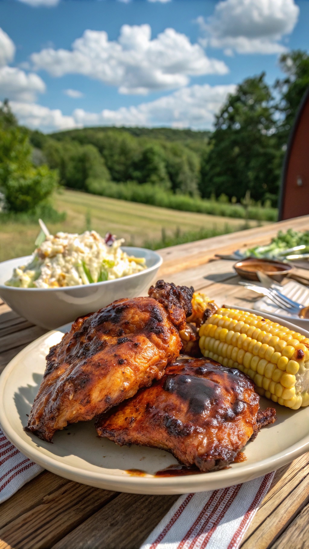 Grilled BBQ chicken thighs served with corn and salad on a wooden table