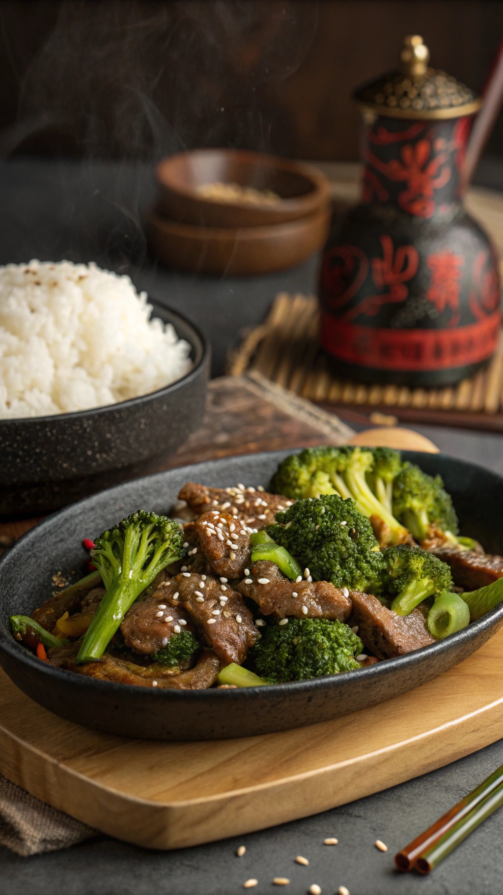A delicious beef and broccoli stir-fry served with white rice, garnished with sesame seeds.