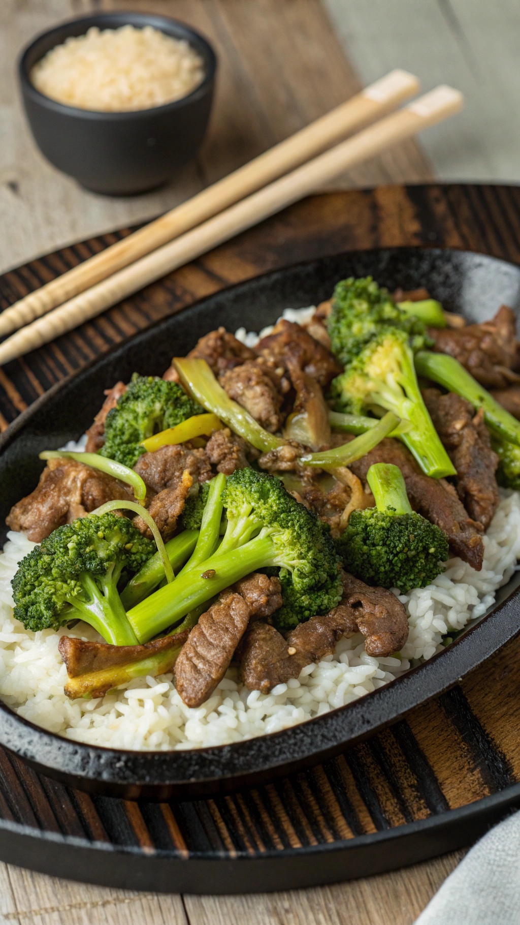 A delicious beef and broccoli stir-fry served on a sizzling plate with rice.