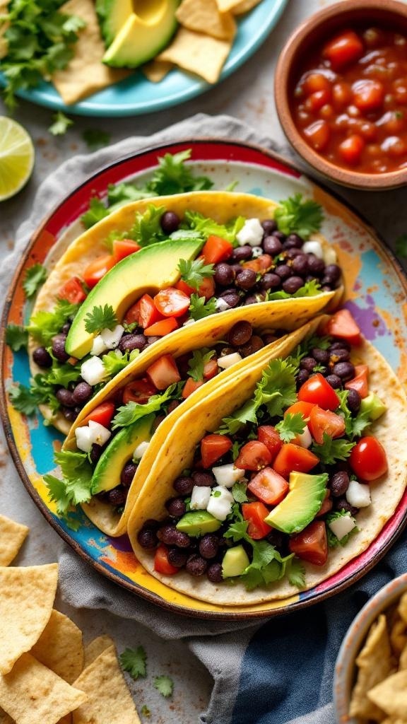Three black bean tacos topped with tomatoes, avocado, and cilantro on a colorful plate.