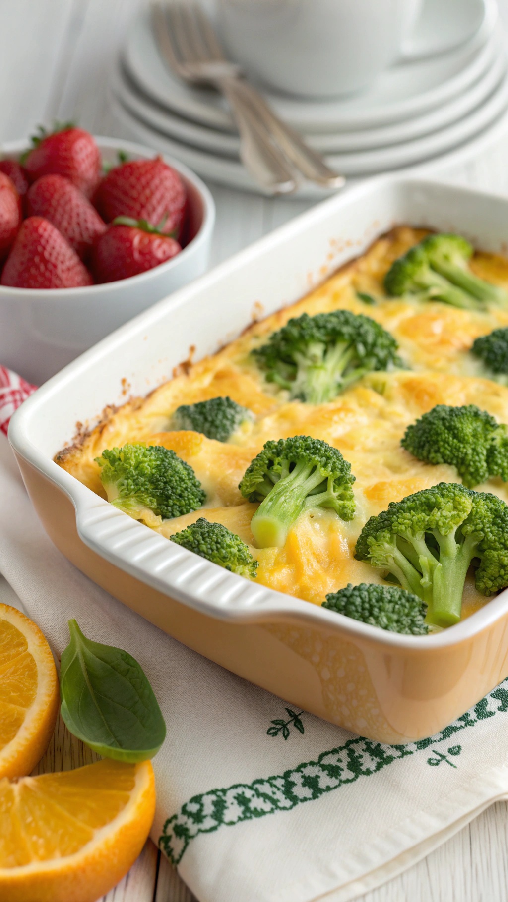 A delicious broccoli and cheese casserole in a baking dish with fresh strawberries and oranges on the side.