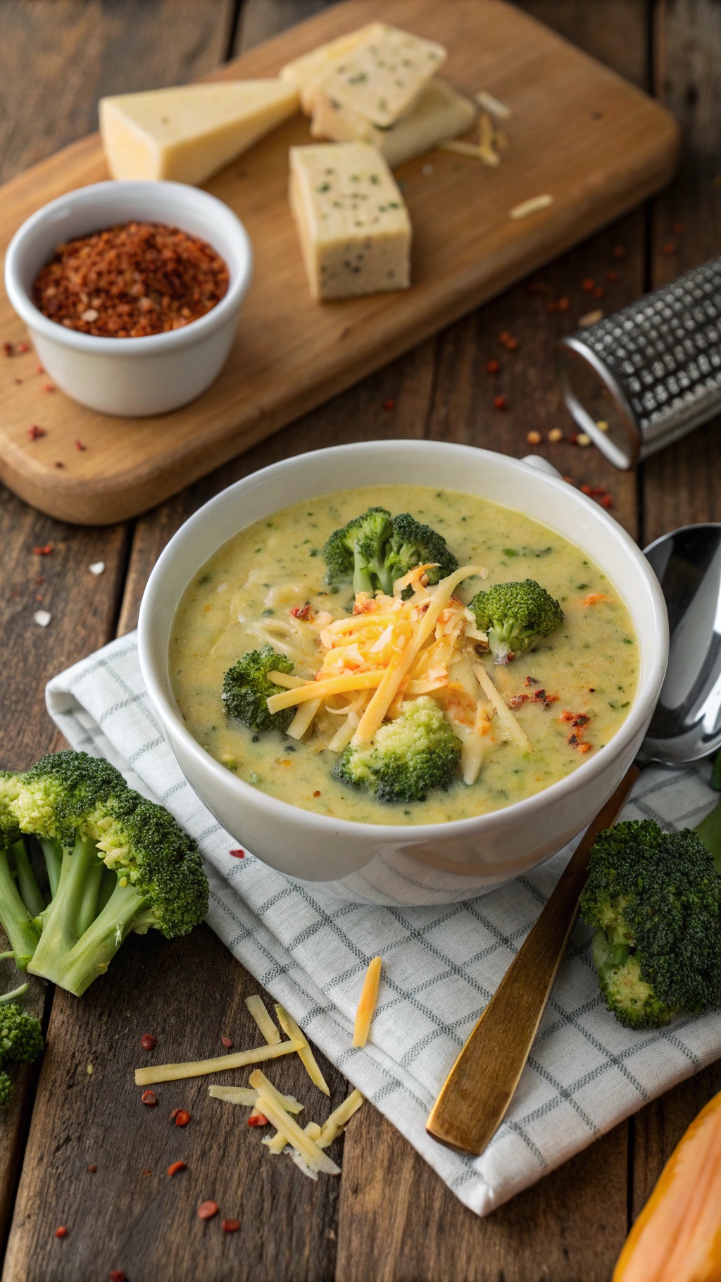 A bowl of creamy broccoli and cheese soup garnished with shredded cheese and broccoli florets, served with a side of cheese and spices.
