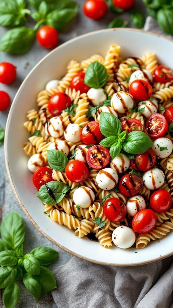 A bowl of Caprese pasta salad with cherry tomatoes, mozzarella, basil, and balsamic glaze.