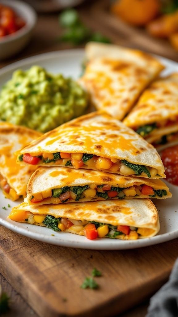 A plate of cheesy veggie quesadillas with guacamole on the side.