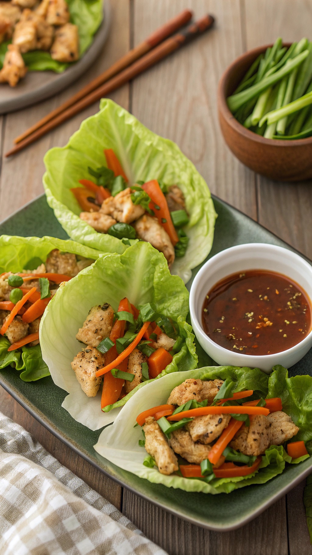 Plate of chicken lettuce wraps with colorful vegetables and dipping sauce