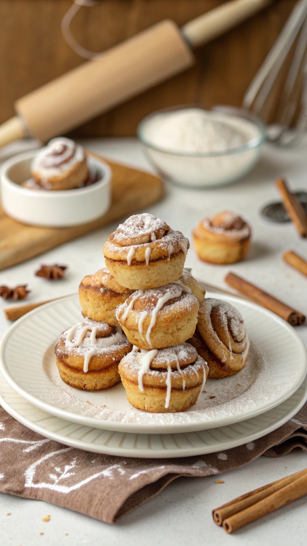 A plate of cinnamon roll bites drizzled with icing, surrounded by cinnamon sticks and a rolling pin.