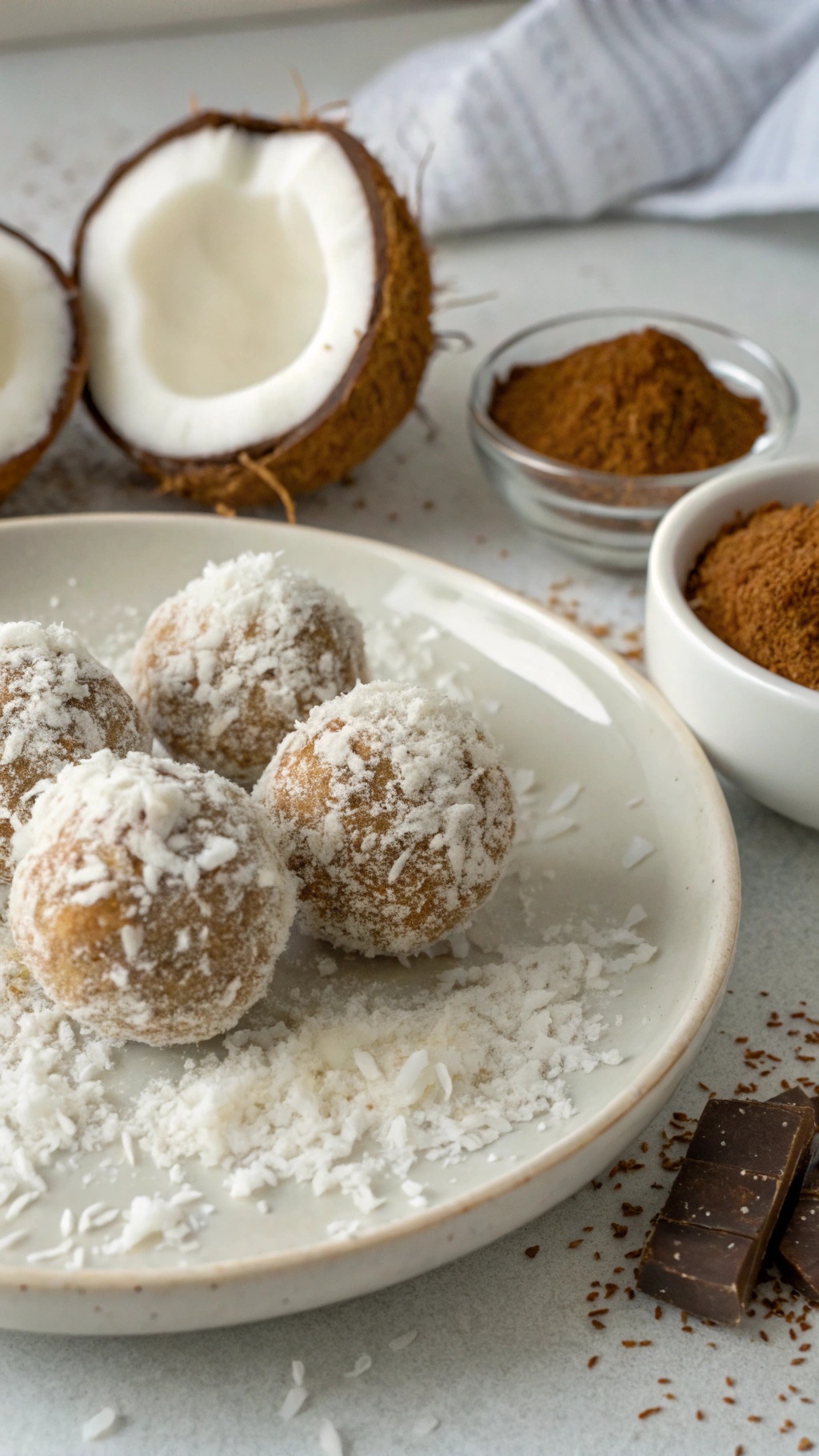 A plate of coconut energy balls coated in shredded coconut, with fresh coconut halves and cocoa powder in the background.