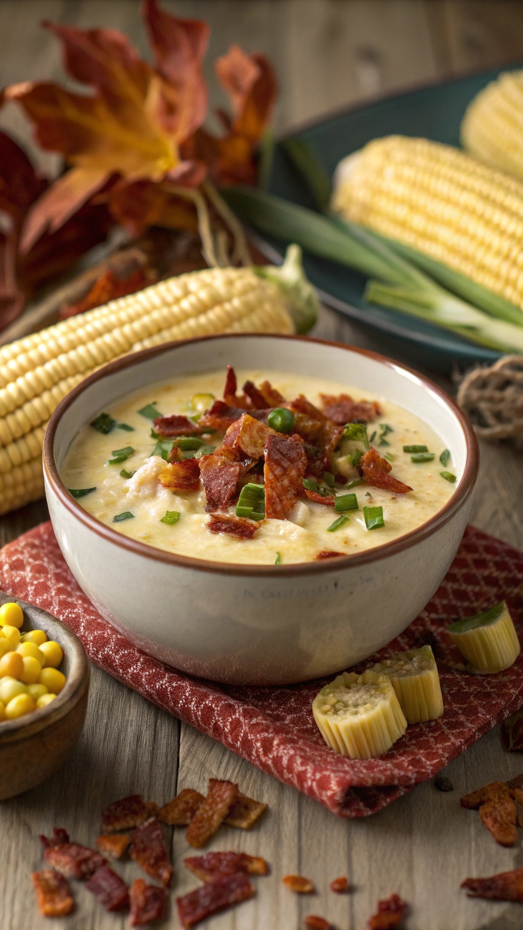 A bowl of corn chowder topped with bacon crumbles and green onions, surrounded by fresh corn and autumn leaves.