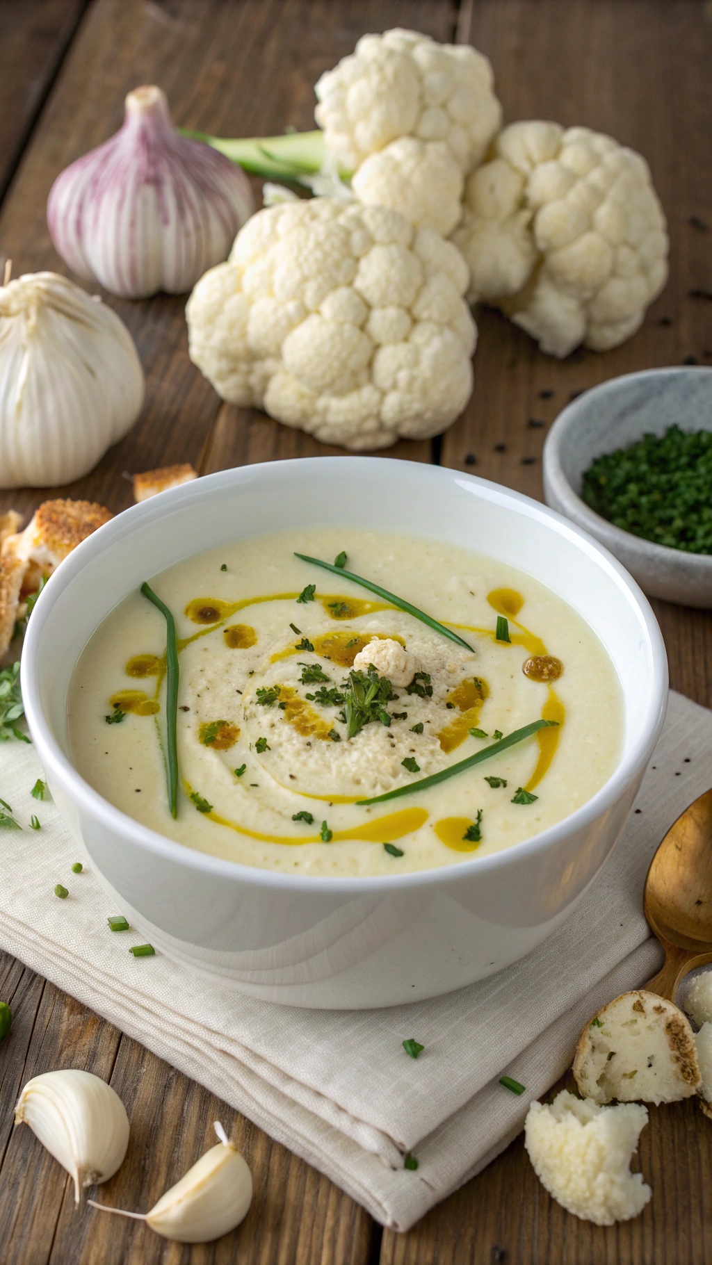 A bowl of creamy cauliflower and garlic soup garnished with herbs, surrounded by garlic and cauliflower on a wooden table.