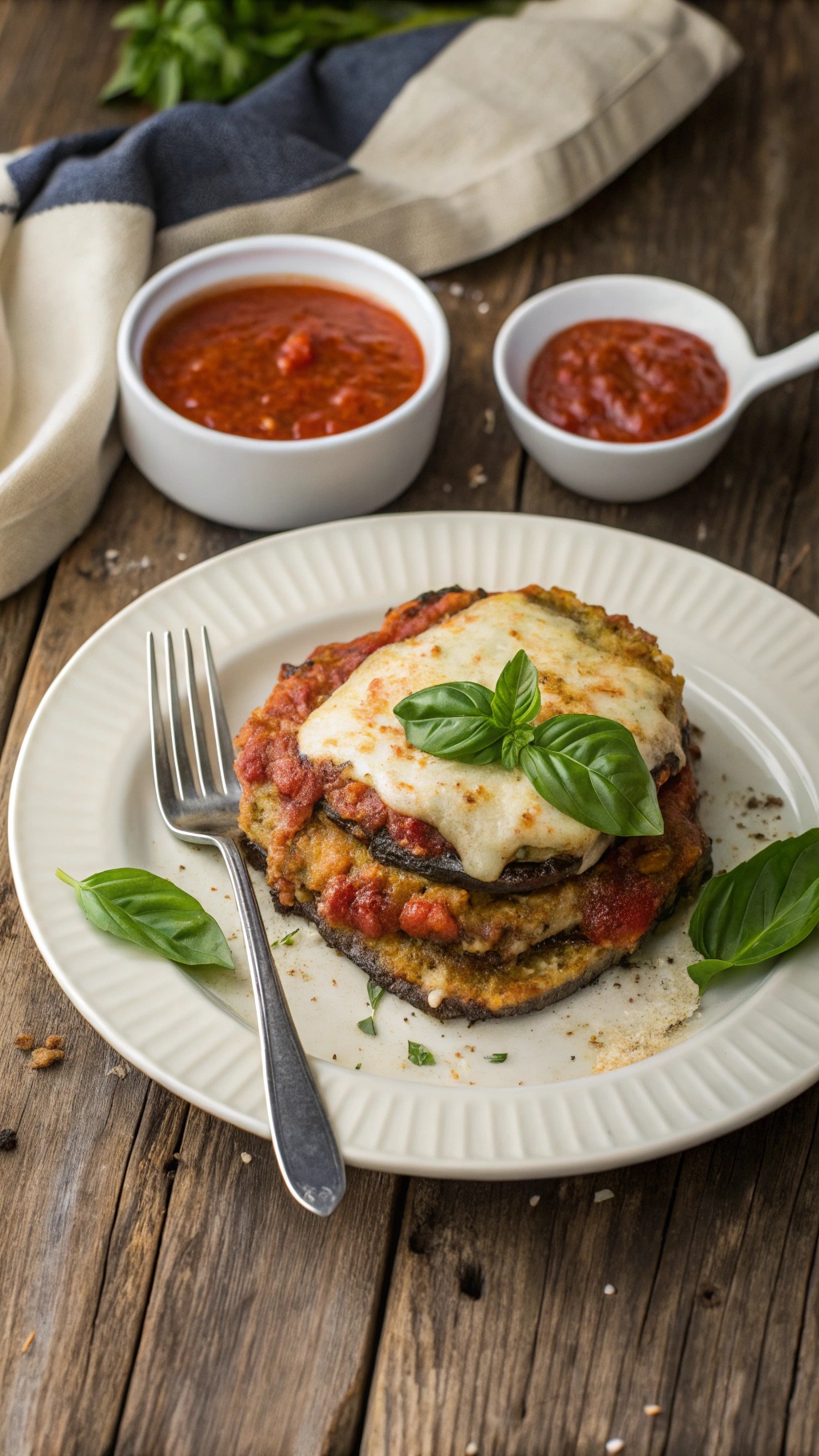 A plate of keto eggplant parmesan with marinara sauce and fresh basil
