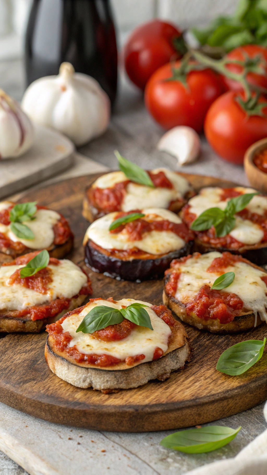 Eggplant pizza bites topped with marinara sauce and mozzarella cheese, garnished with fresh basil.