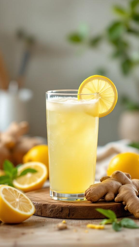 A refreshing glass of ginger lemonade with lemon slices and ginger root in the background.