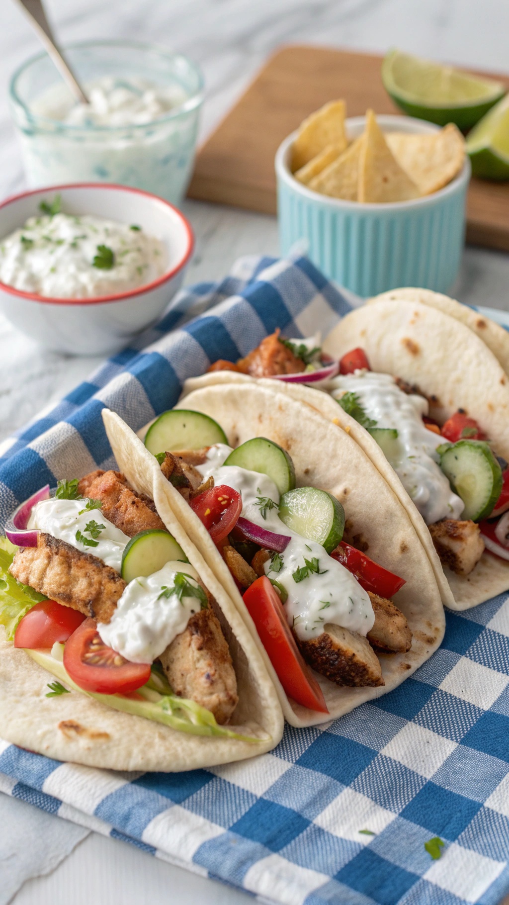 Greek chicken tacos with tzatziki sauce, fresh vegetables, and lime wedges on a blue checkered cloth.