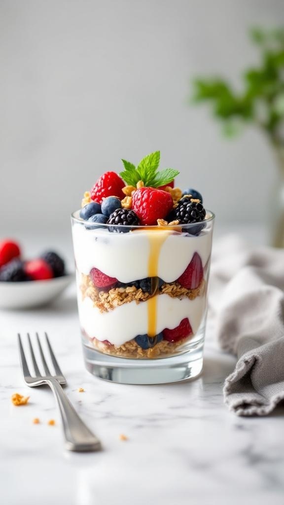A delicious Greek yogurt parfait layered with berries and granola, topped with honey and mint.