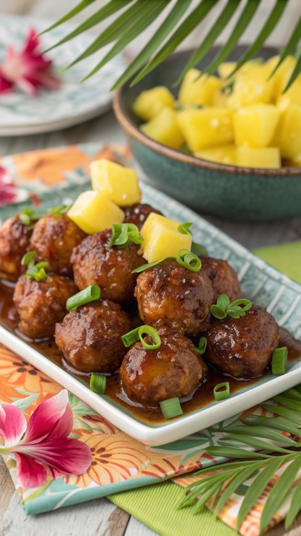A plate of Hawaiian meatballs topped with pineapple and green onions, served with a colorful floral napkin.
