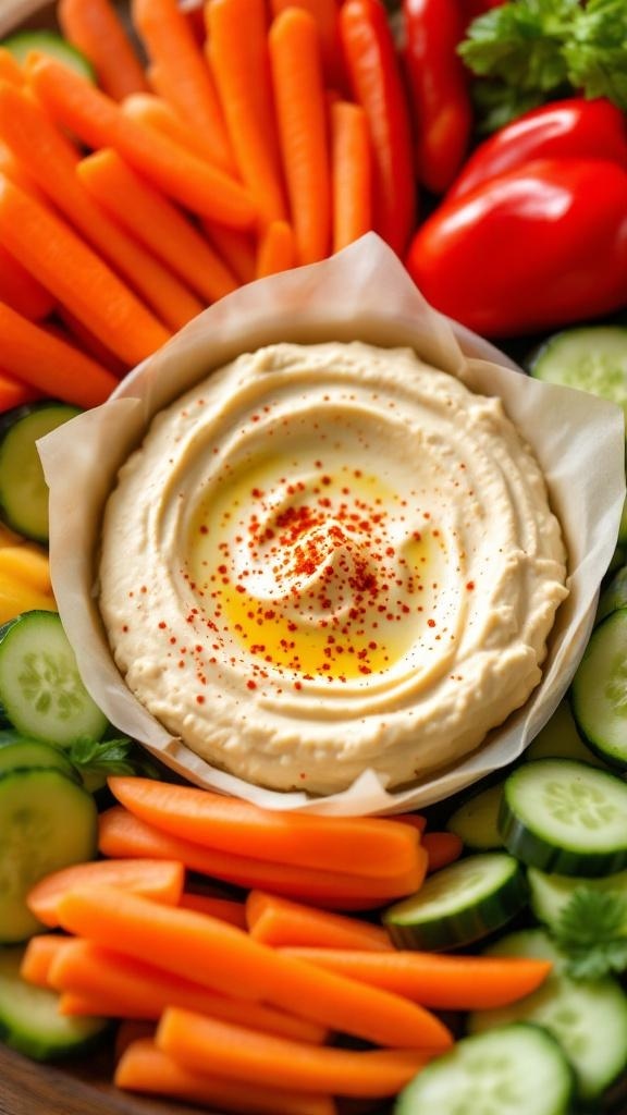 A bowl of hummus surrounded by fresh carrot sticks, cucumber slices, and bell pepper strips.
