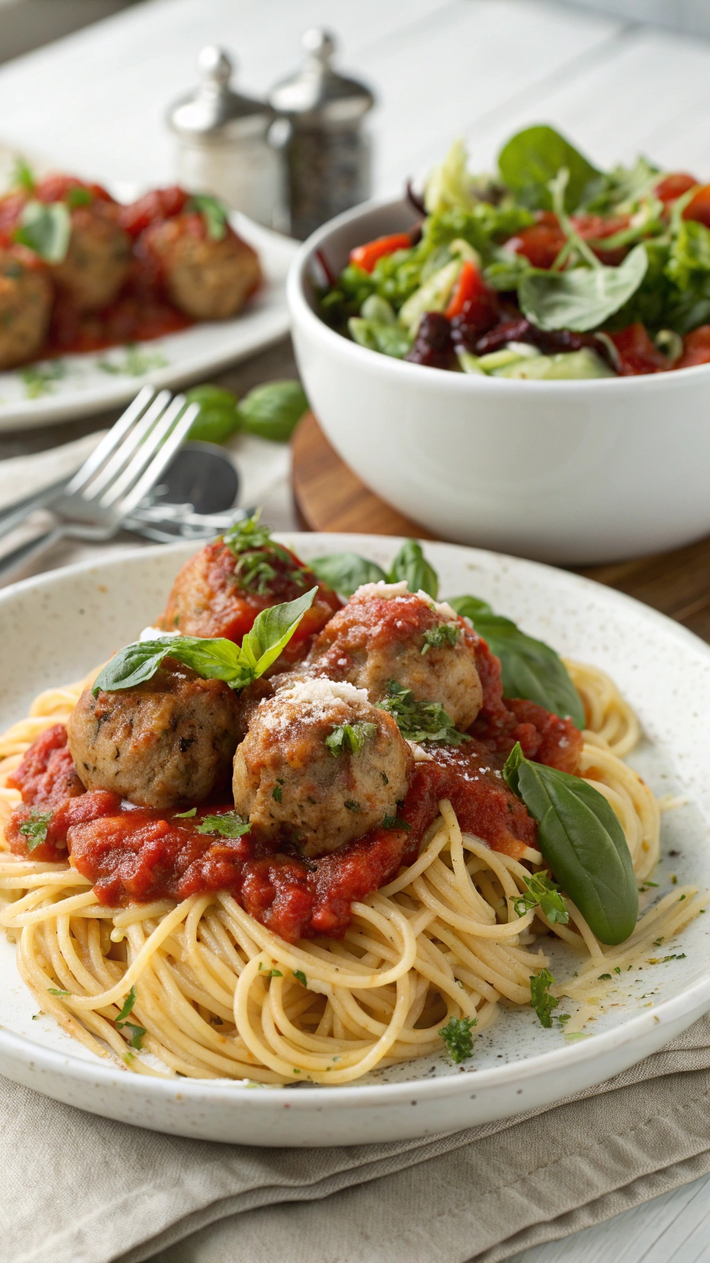 A plate of Italian turkey meatballs served with spaghetti and marinara sauce, garnished with basil.