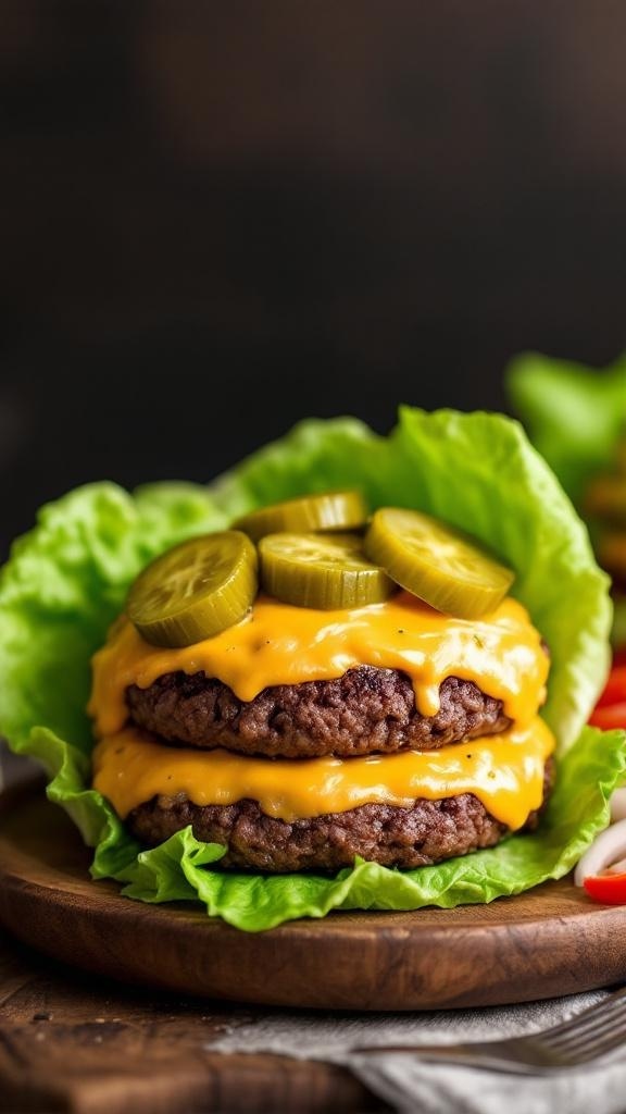 Keto Big Mac Lettuce Wrap Burger with beef patties, cheese, pickles, and sauce in lettuce leaves on a wooden plate.