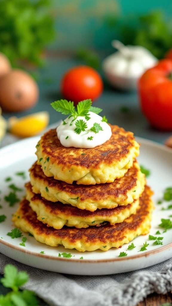 A plate of golden-brown zucchini fritters topped with sour cream and herbs, surrounded by fresh vegetables.