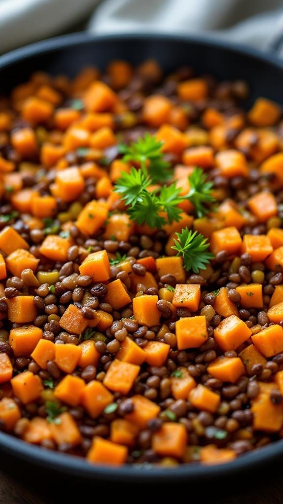 A colorful lentil and veggie hash with sweet potatoes and parsley